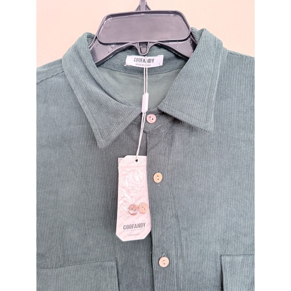 NWT COOFANDY Men’s Green Corduroy Long Sleeve Button-Down Shirt Size Large - Picture 4 of 8